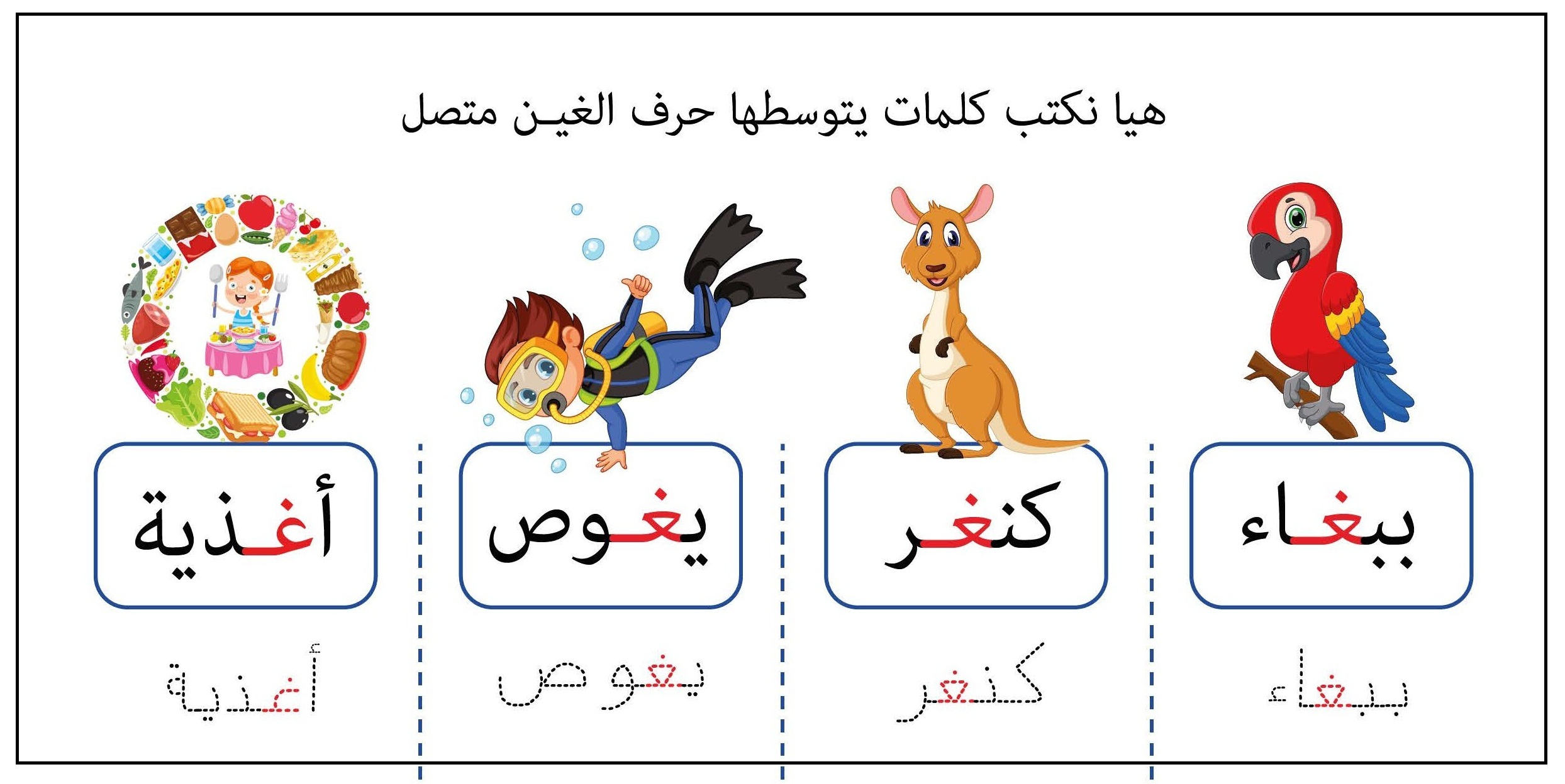 كلمات يتوسطها حرف الغين متصل